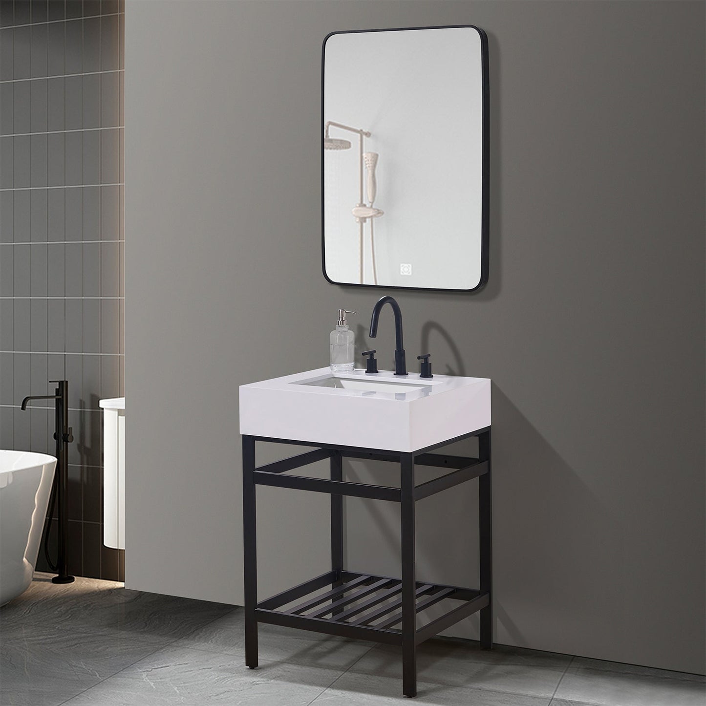 Edolo 24" Single Stainless Steel Vanity Console in Matt Black with Snow White Stone Countertop and Mirror
