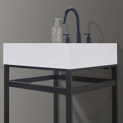 Edolo 24" Single Stainless Steel Vanity Console in Matt Black with Snow White Stone Countertop and Mirror