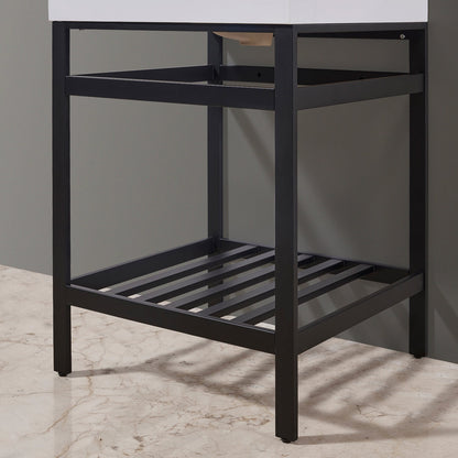 Edolo 24" Single Stainless Steel Vanity Console in Matt Black with Snow White Stone Countertop and Mirror