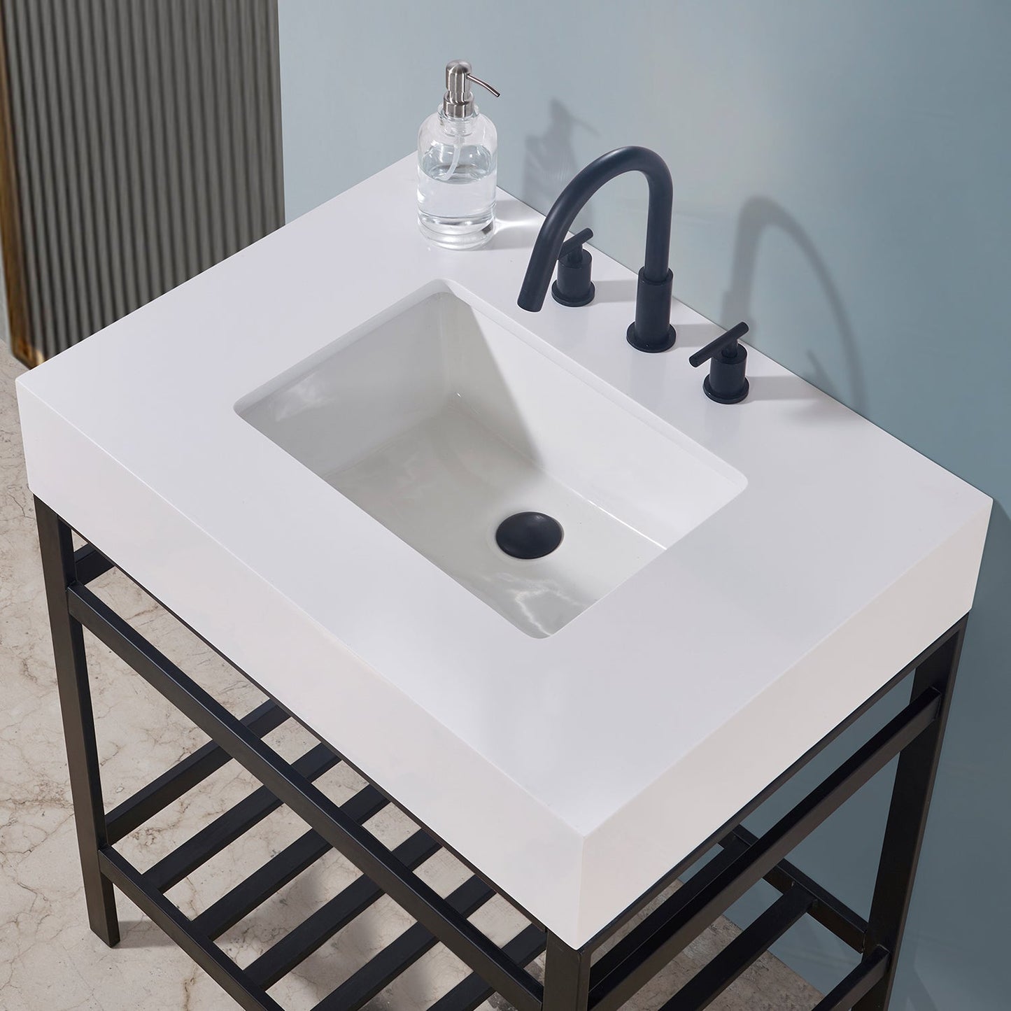 Edolo 30" Single Stainless Steel Vanity Console in Matt Black with Snow White Stone Countertop and Mirror