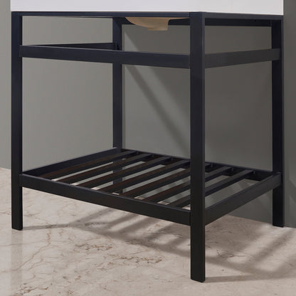 Edolo 30" Single Stainless Steel Vanity Console in Matt Black with Snow White Stone Countertop and Mirror
