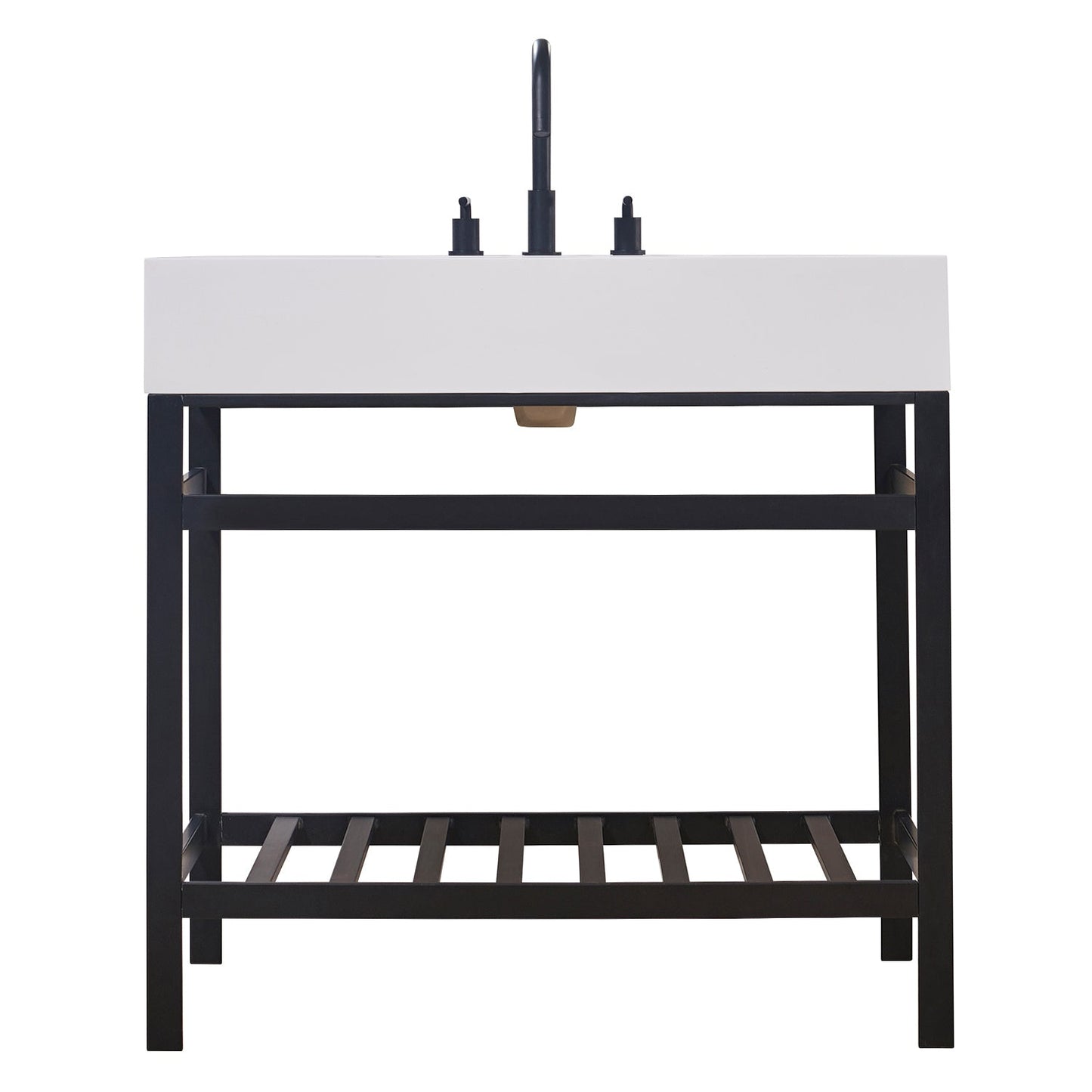 Edolo 36" Single Stainless Steel Vanity Console in Matt Black with Snow White Stone Countertop without Mirror