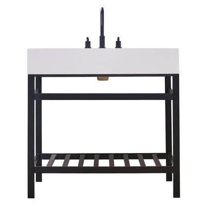 Edolo 36" Single Stainless Steel Vanity Console in Matt Black with Snow White Stone Countertop without Mirror
