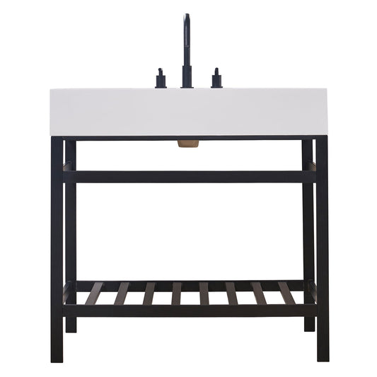 Edolo 36" Single Stainless Steel Vanity Console in Matt Black with Snow White Stone Countertop without Mirror