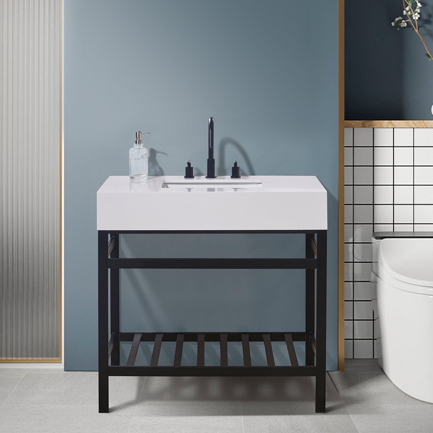 Edolo 36" Single Stainless Steel Vanity Console in Matt Black with Snow White Stone Countertop without Mirror