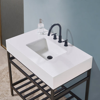 Edolo 36" Single Stainless Steel Vanity Console in Matt Black with Snow White Stone Countertop without Mirror