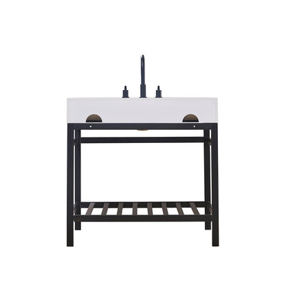 Edolo 36" Single Stainless Steel Vanity Console in Matt Black with Snow White Stone Countertop without Mirror