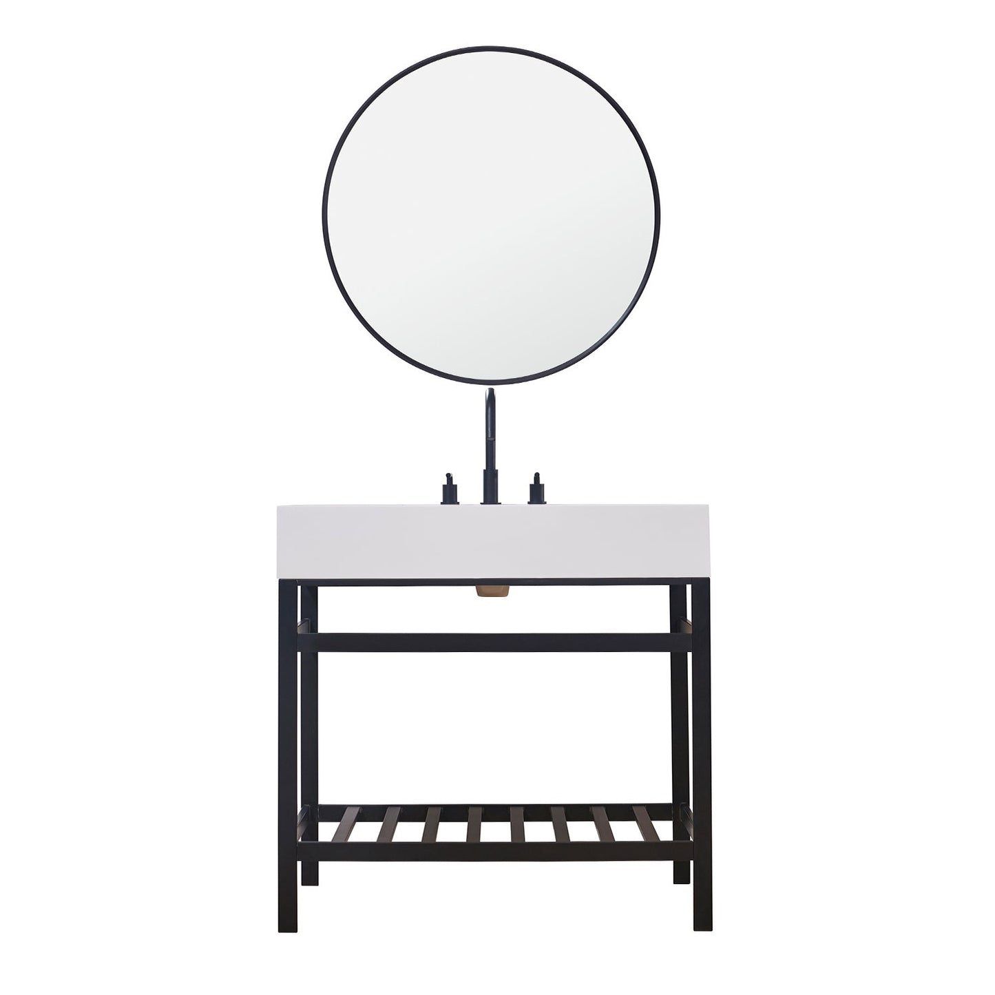 Edolo 36" Single Stainless Steel Vanity Console in Matt Black with Snow White Stone Countertop and Mirror