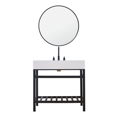 Edolo 36" Single Stainless Steel Vanity Console in Matt Black with Snow White Stone Countertop and Mirror