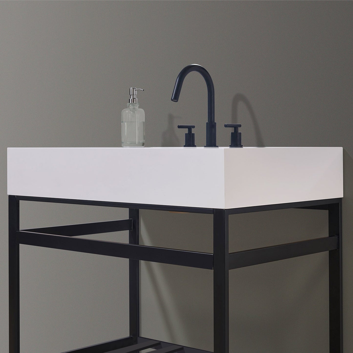 Edolo 36" Single Stainless Steel Vanity Console in Matt Black with Snow White Stone Countertop and Mirror
