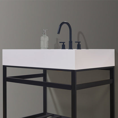 Edolo 36" Single Stainless Steel Vanity Console in Matt Black with Snow White Stone Countertop and Mirror