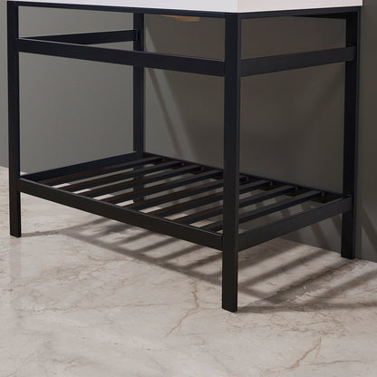 Edolo 36" Single Stainless Steel Vanity Console in Matt Black with Snow White Stone Countertop and Mirror