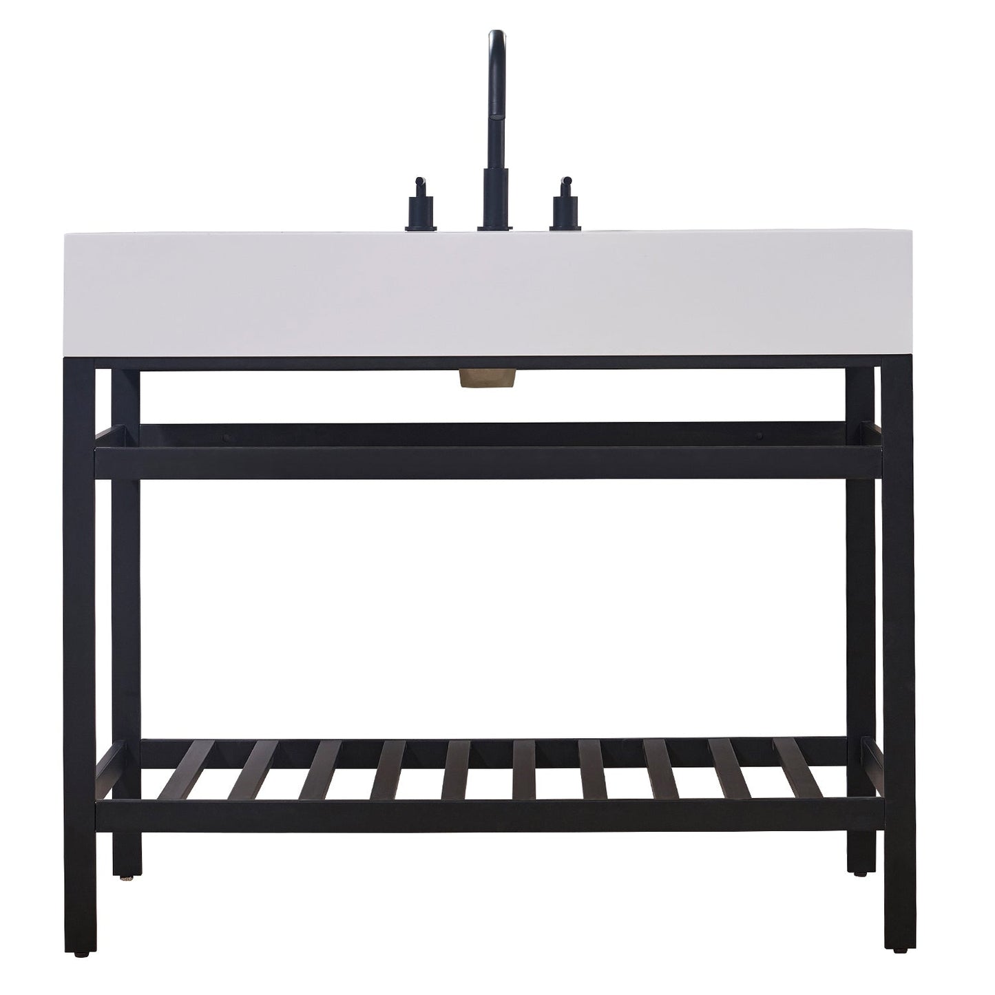 Edolo 42" Single Stainless Steel Vanity Console in Matt Black with Snow White Stone Countertop without Mirror