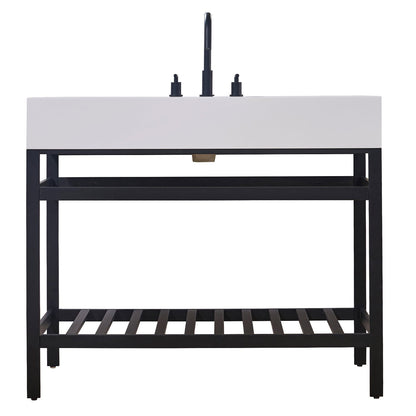 Edolo 42" Single Stainless Steel Vanity Console in Matt Black with Snow White Stone Countertop without Mirror