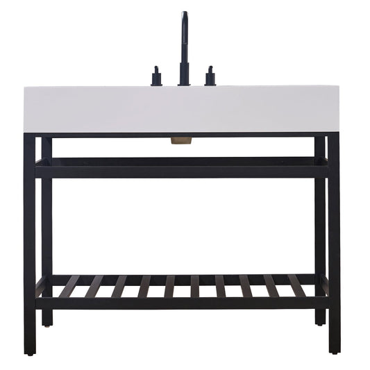 Edolo 42" Single Stainless Steel Vanity Console in Matt Black with Snow White Stone Countertop without Mirror