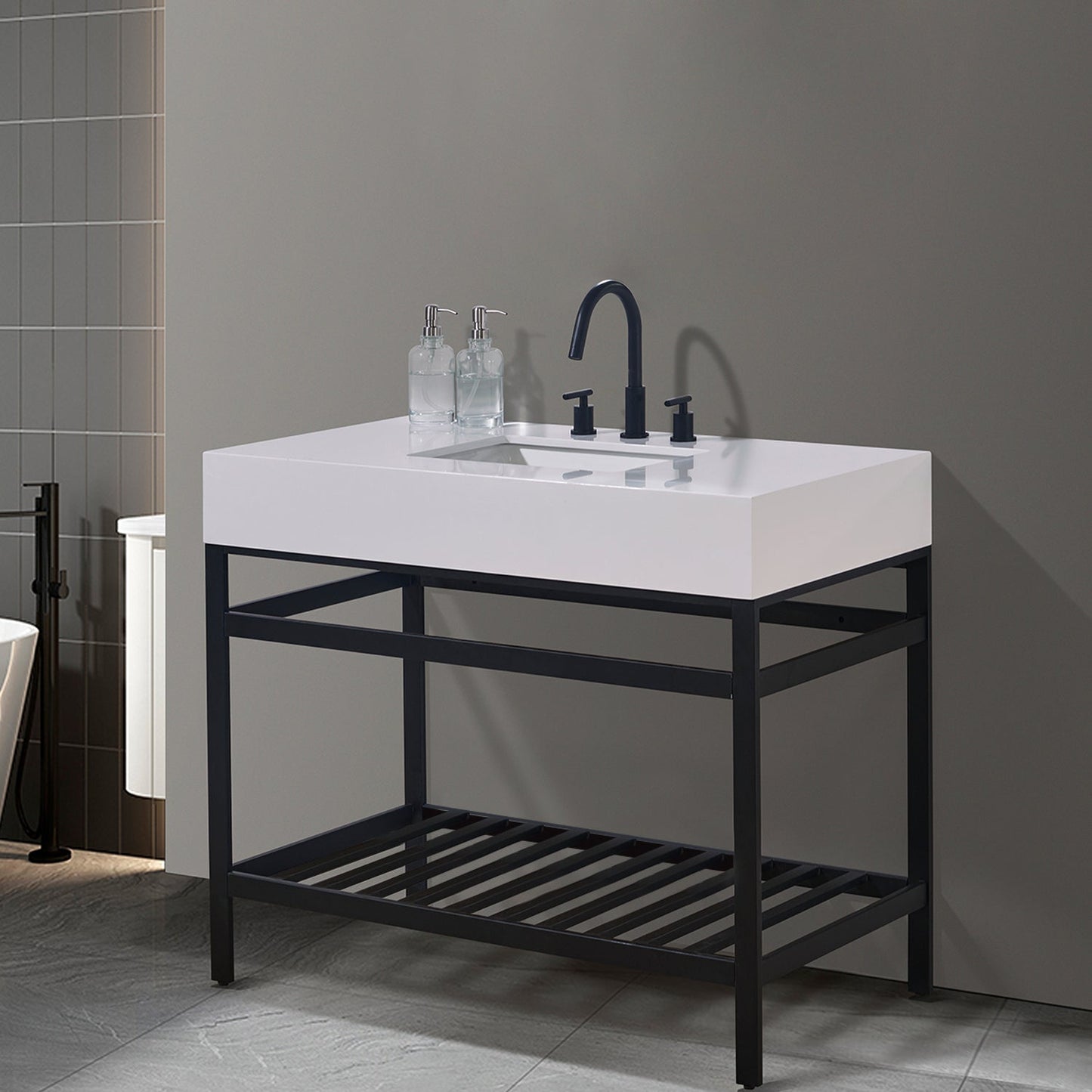 Edolo 42" Single Stainless Steel Vanity Console in Matt Black with Snow White Stone Countertop without Mirror