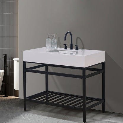 Edolo 42" Single Stainless Steel Vanity Console in Matt Black with Snow White Stone Countertop without Mirror