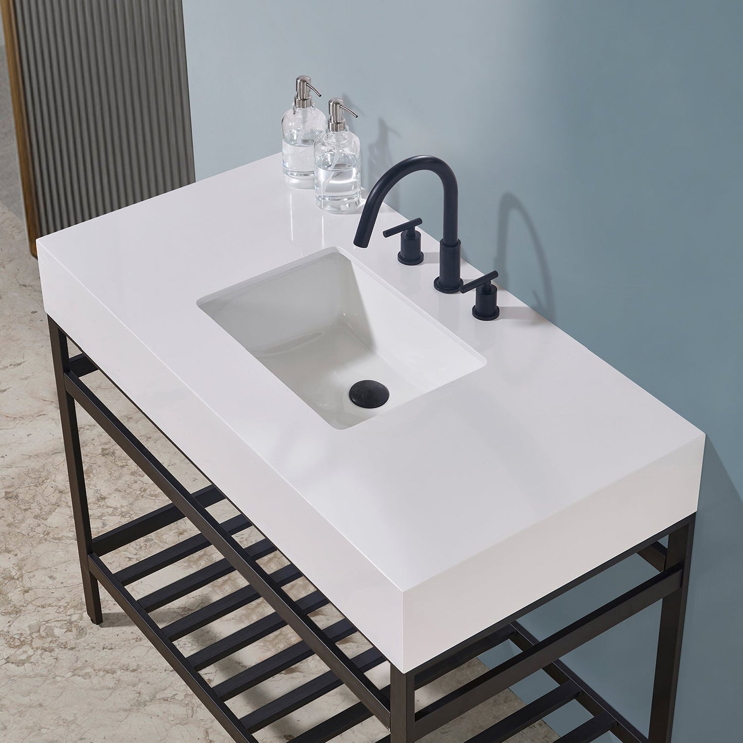 Edolo 42" Single Stainless Steel Vanity Console in Matt Black with Snow White Stone Countertop without Mirror