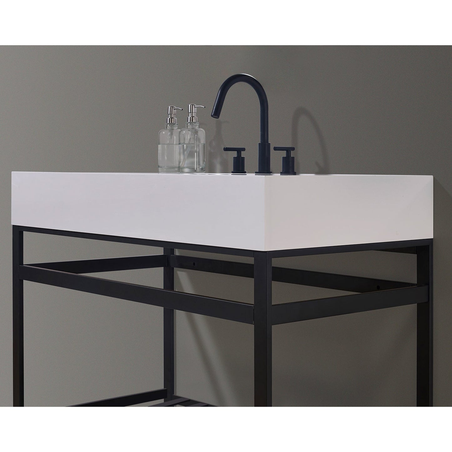 Edolo 42" Single Stainless Steel Vanity Console in Matt Black with Snow White Stone Countertop without Mirror