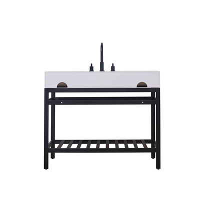Edolo 42" Single Stainless Steel Vanity Console in Matt Black with Snow White Stone Countertop without Mirror