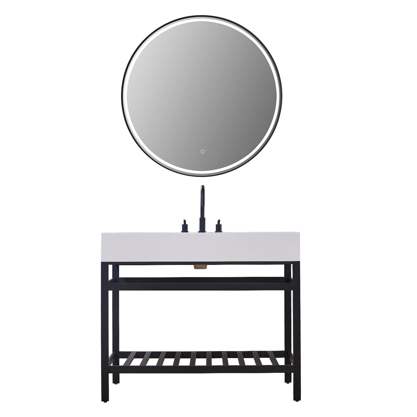 Edolo 42" Single Stainless Steel Vanity Console in Matt Black with Snow White Stone Countertop and Mirror