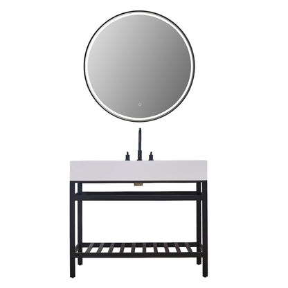 Edolo 42" Single Stainless Steel Vanity Console in Matt Black with Snow White Stone Countertop and Mirror