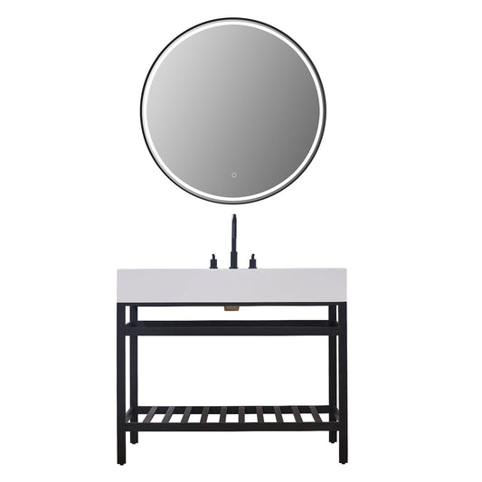 Edolo 42" Single Stainless Steel Vanity Console in Matt Black with Snow White Stone Countertop and Mirror