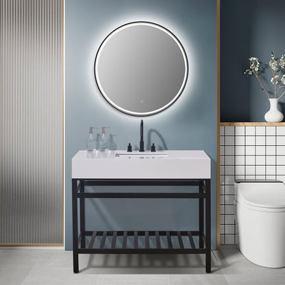 Edolo 42" Single Stainless Steel Vanity Console in Matt Black with Snow White Stone Countertop and Mirror