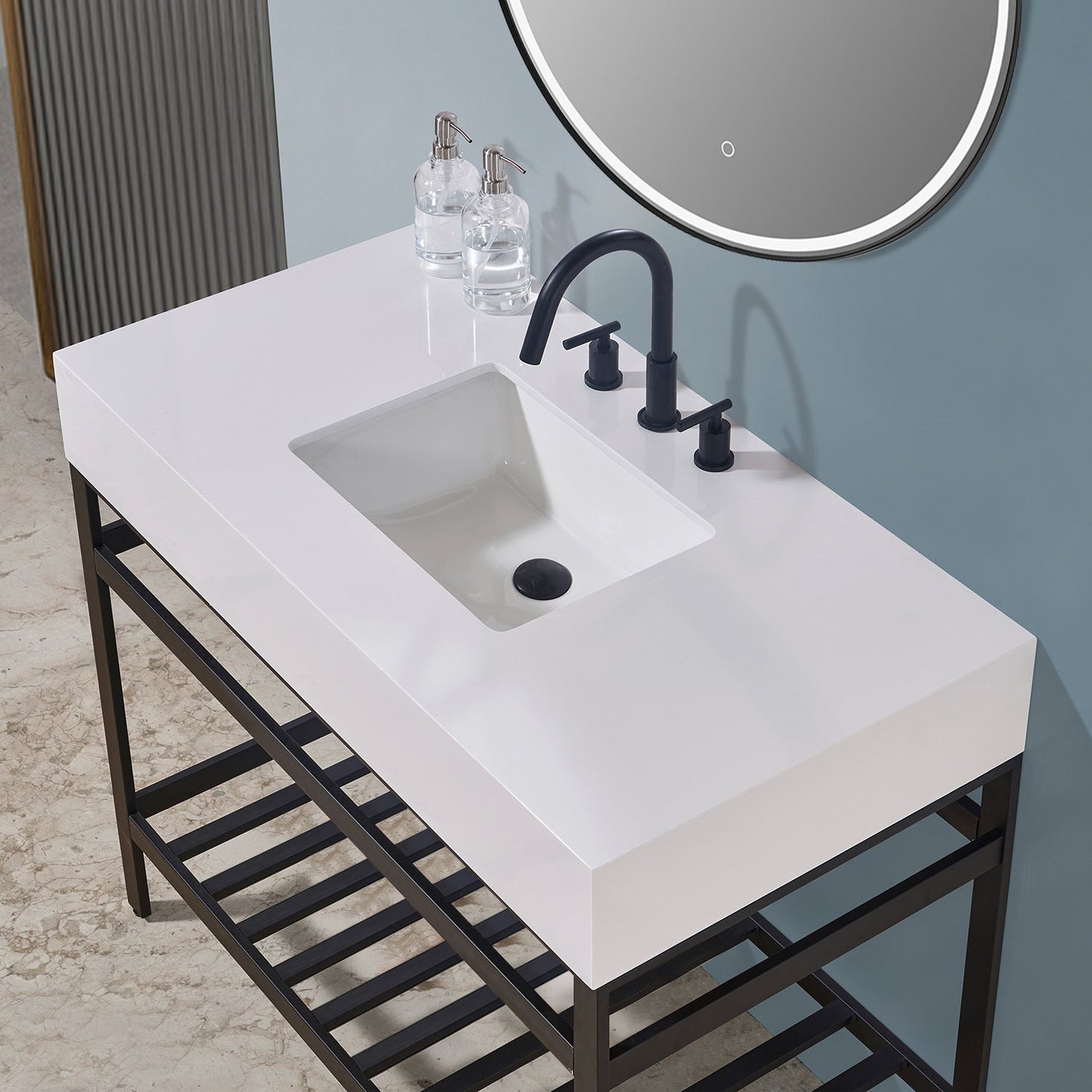 Edolo 42" Single Stainless Steel Vanity Console in Matt Black with Snow White Stone Countertop and Mirror