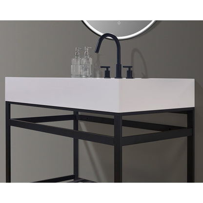 Edolo 42" Single Stainless Steel Vanity Console in Matt Black with Snow White Stone Countertop and Mirror