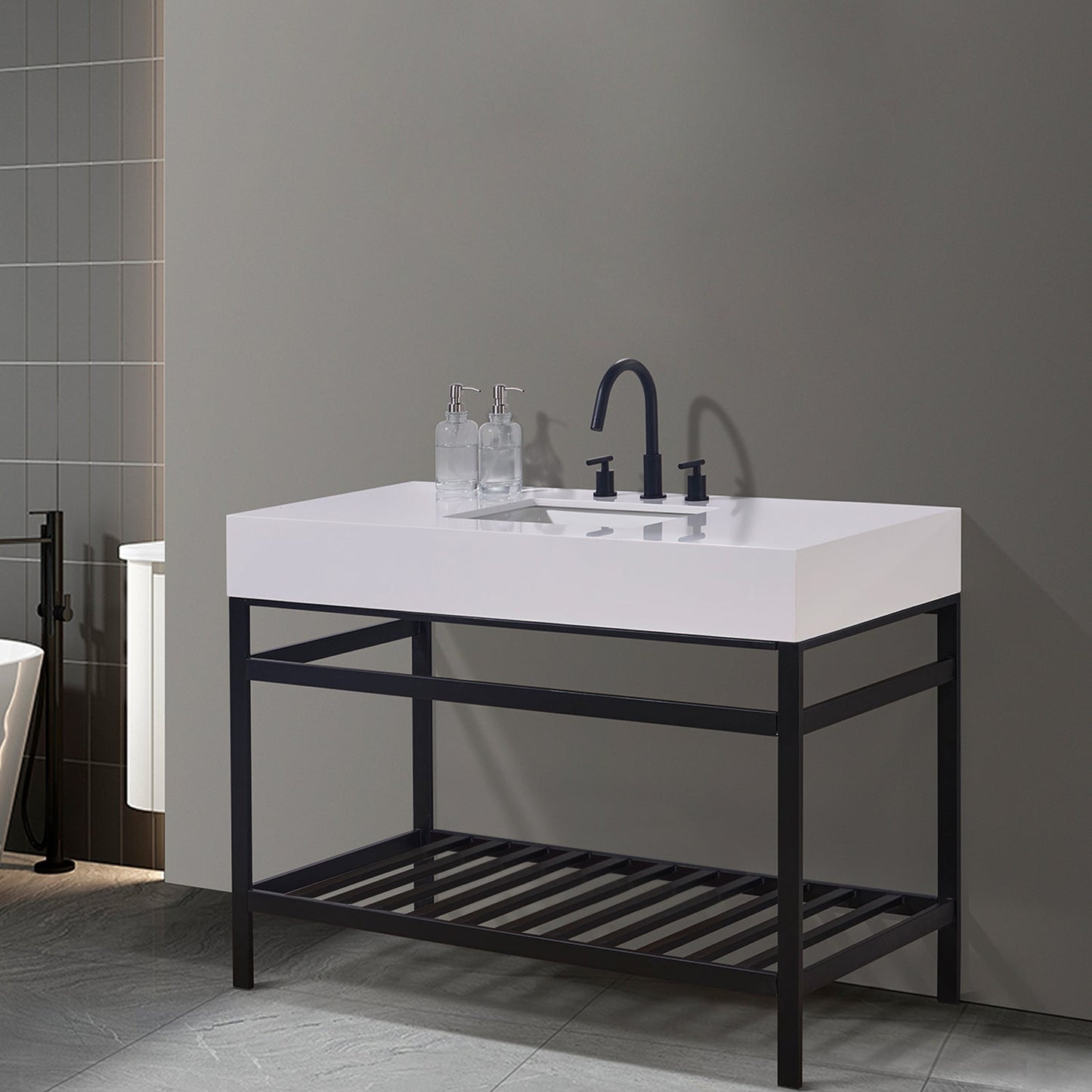 Edolo 48" Single Stainless Steel Vanity Console in Matt Black with Snow White Stone Countertop without Mirror