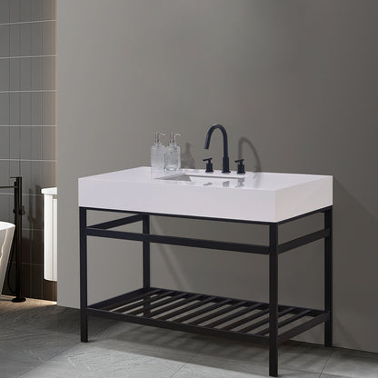 Edolo 48" Single Stainless Steel Vanity Console in Matt Black with Snow White Stone Countertop without Mirror