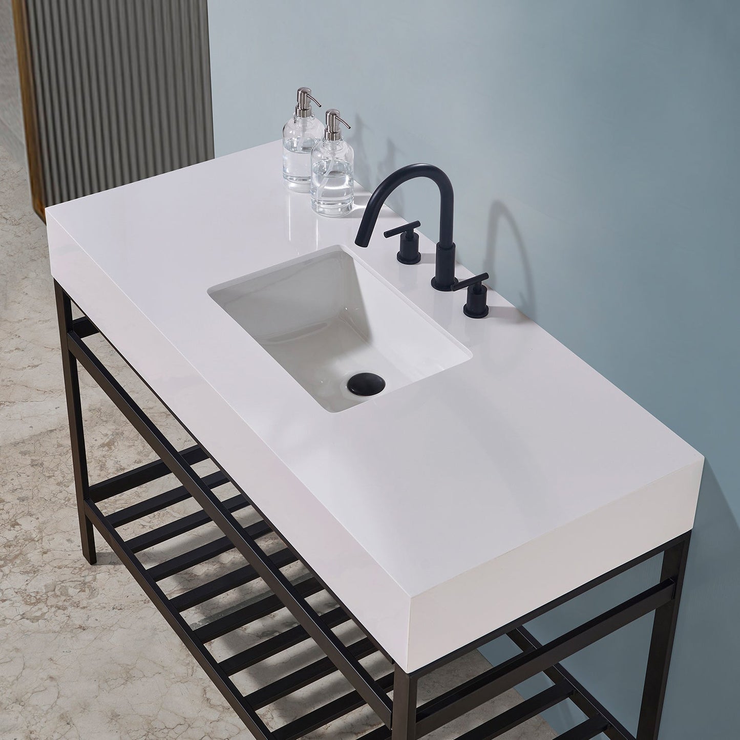 Edolo 48" Single Stainless Steel Vanity Console in Matt Black with Snow White Stone Countertop without Mirror