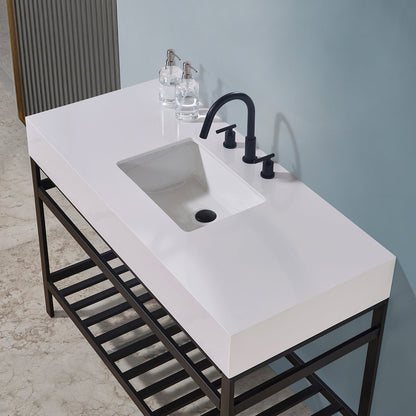 Edolo 48" Single Stainless Steel Vanity Console in Matt Black with Snow White Stone Countertop without Mirror