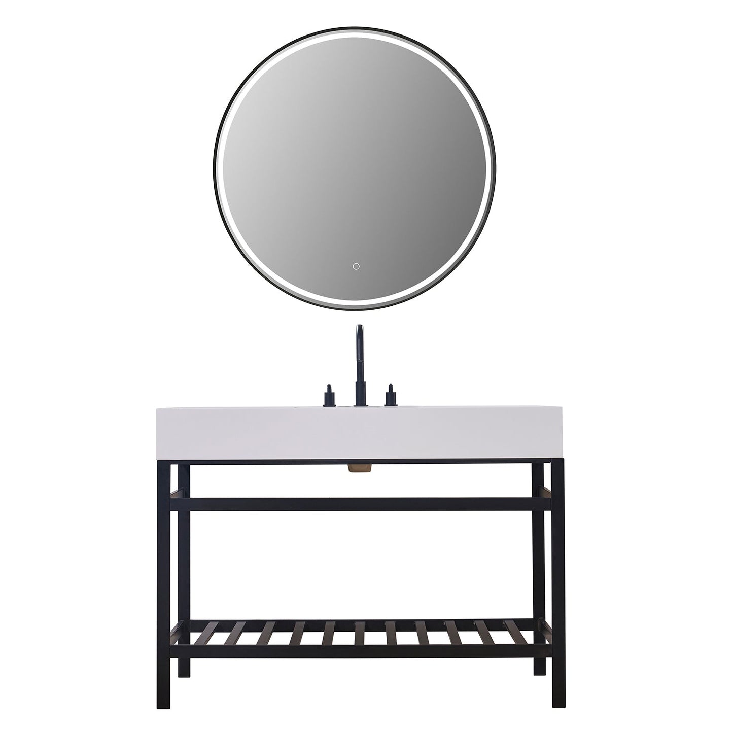 Edolo 48" Single Stainless Steel Vanity Console in Matt Black with Snow White Stone Countertop and Mirror