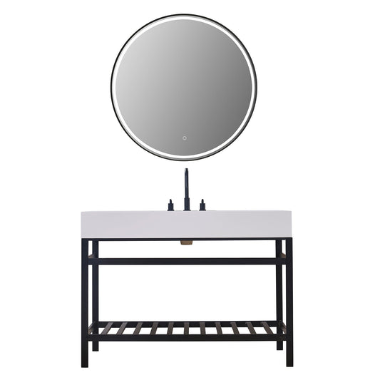 Edolo 48" Single Stainless Steel Vanity Console in Matt Black with Snow White Stone Countertop and Mirror
