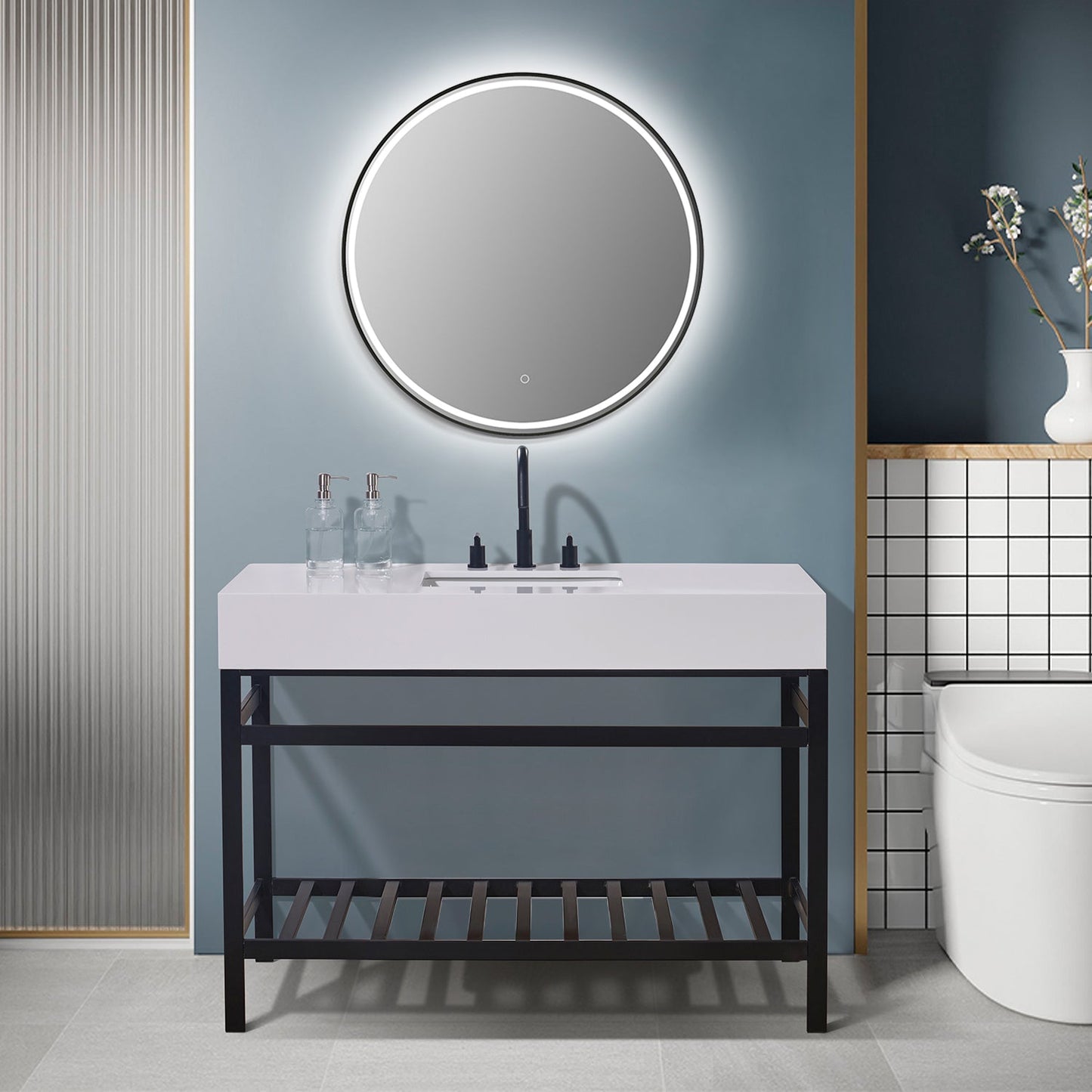 Edolo 48" Single Stainless Steel Vanity Console in Matt Black with Snow White Stone Countertop and Mirror