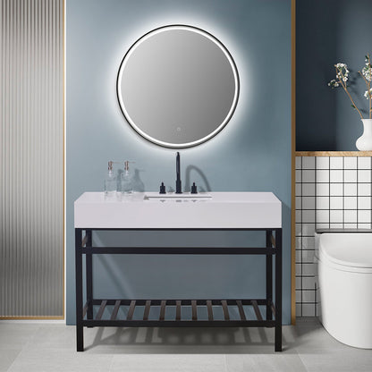 Edolo 48" Single Stainless Steel Vanity Console in Matt Black with Snow White Stone Countertop and Mirror