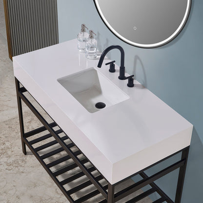 Edolo 48" Single Stainless Steel Vanity Console in Matt Black with Snow White Stone Countertop and Mirror