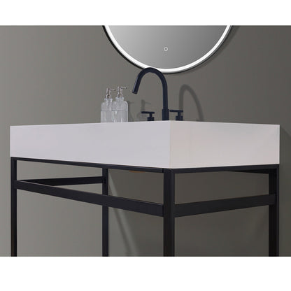 Edolo 48" Single Stainless Steel Vanity Console in Matt Black with Snow White Stone Countertop and Mirror