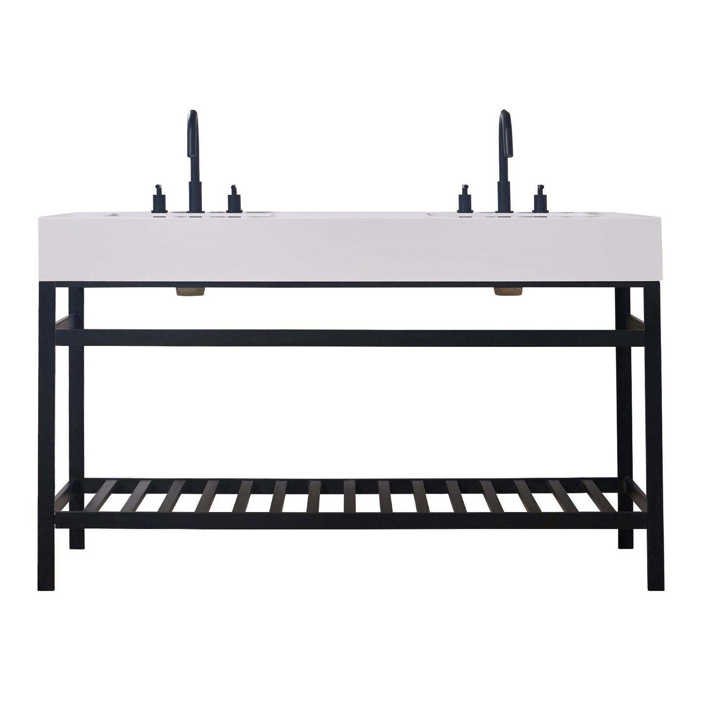 Edolo 60" Double Stainless Steel Vanity Console in Matt Black with Snow White Stone Countertop without Mirror