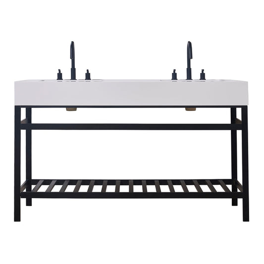 Edolo 60" Double Stainless Steel Vanity Console in Matt Black with Snow White Stone Countertop without Mirror