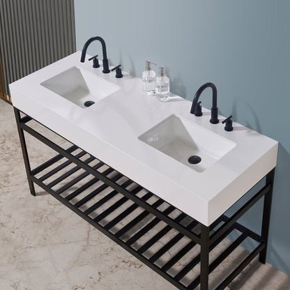 Edolo 60" Double Stainless Steel Vanity Console in Matt Black with Snow White Stone Countertop without Mirror