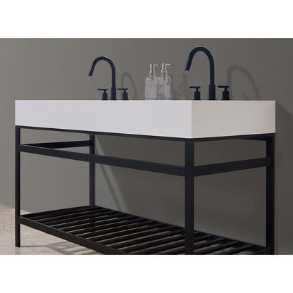 Edolo 60" Double Stainless Steel Vanity Console in Matt Black with Snow White Stone Countertop without Mirror