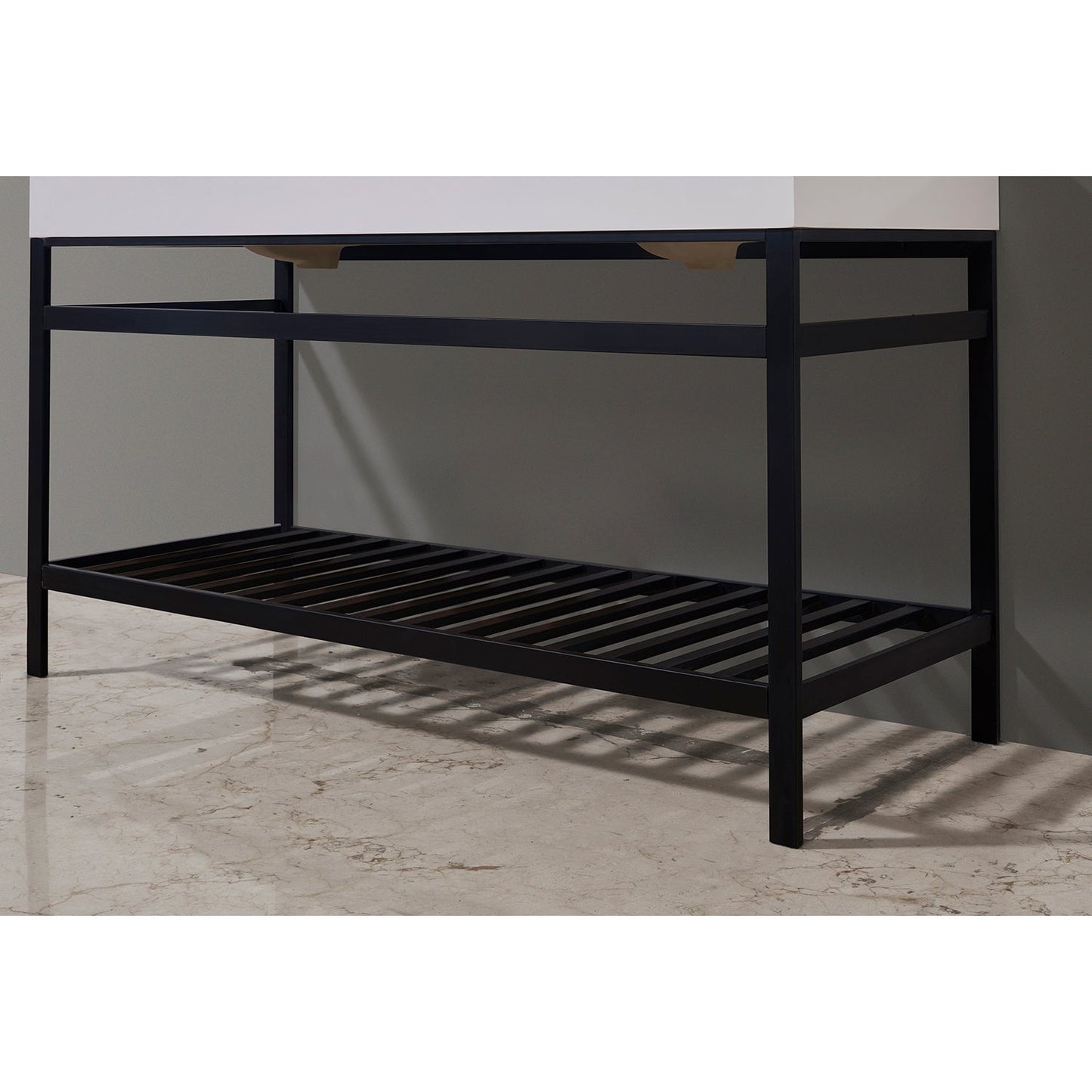 Edolo 60" Double Stainless Steel Vanity Console in Matt Black with Snow White Stone Countertop without Mirror