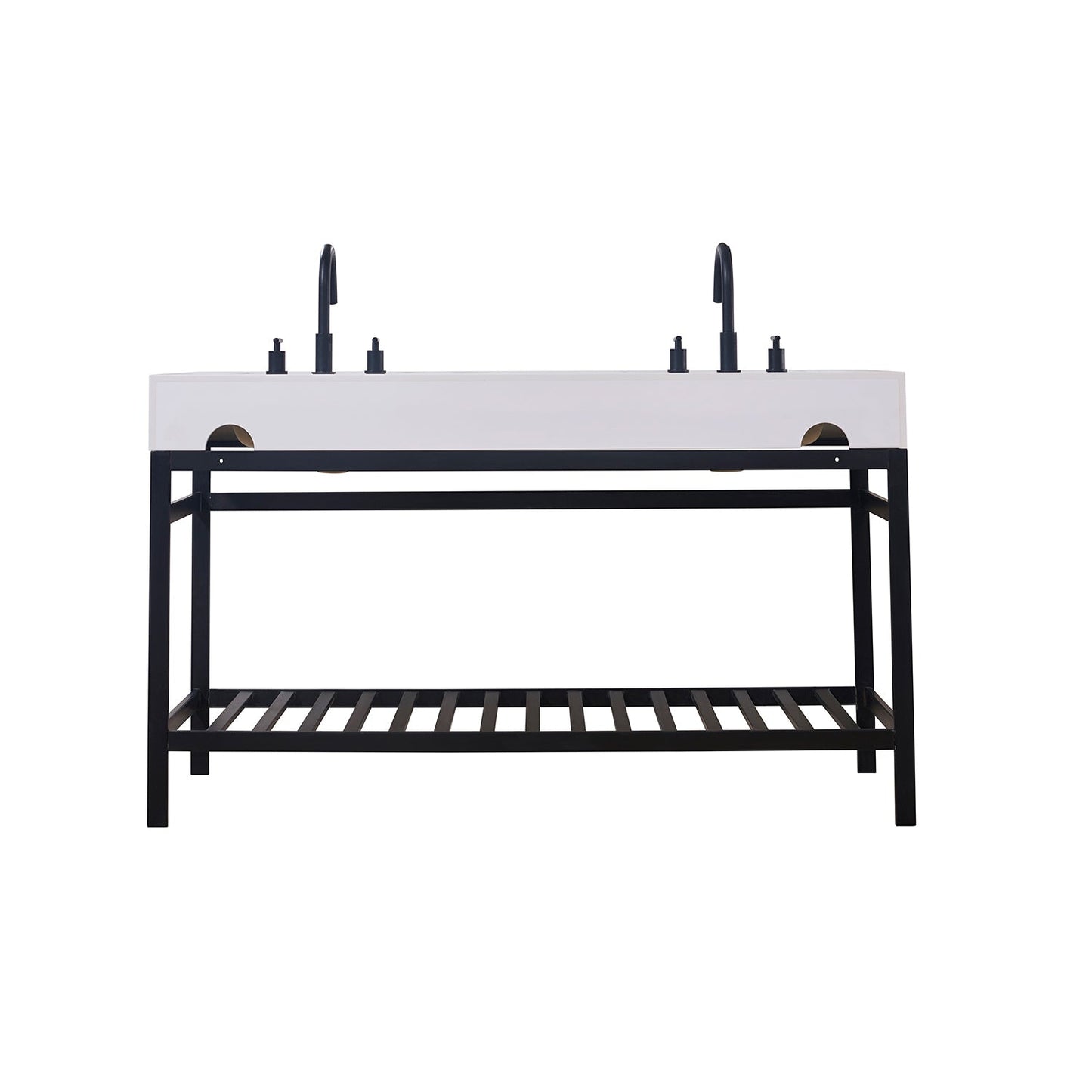 Edolo 60" Double Stainless Steel Vanity Console in Matt Black with Snow White Stone Countertop without Mirror