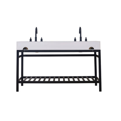 Edolo 60" Double Stainless Steel Vanity Console in Matt Black with Snow White Stone Countertop without Mirror