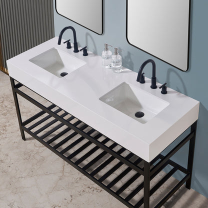 Edolo 60" Double Stainless Steel Vanity Console in Matt Black with Snow White Stone Countertop and Mirror