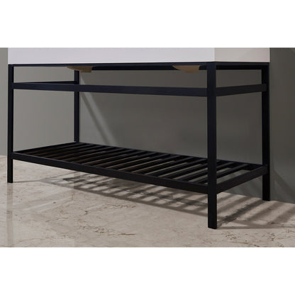 Edolo 60" Double Stainless Steel Vanity Console in Matt Black with Snow White Stone Countertop and Mirror