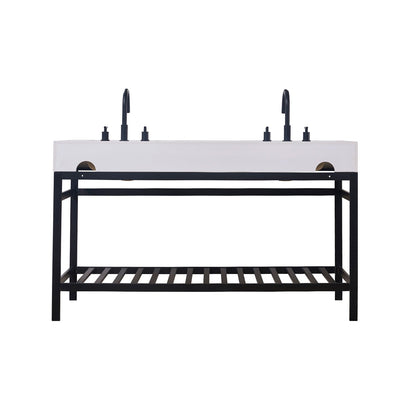 Edolo 60" Double Stainless Steel Vanity Console in Matt Black with Snow White Stone Countertop and Mirror